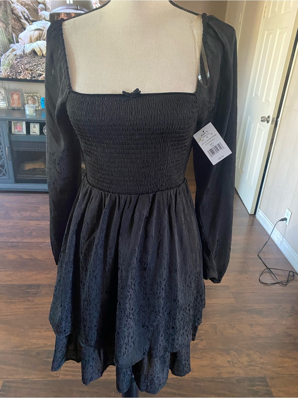 Kohl's Black Textured Smocked Midi Dress